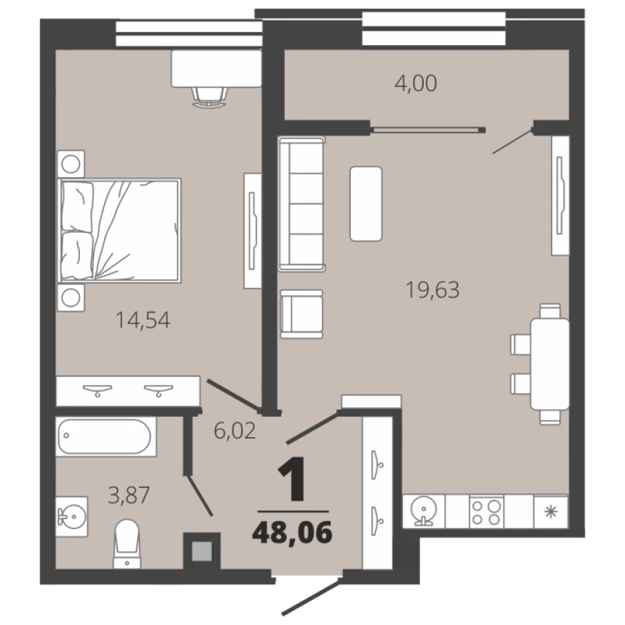 Современные новостройки Рязани от застройщика, однокомнатные квартиры 48,06 кв. м., 2 этаж, секция 1 в Центре